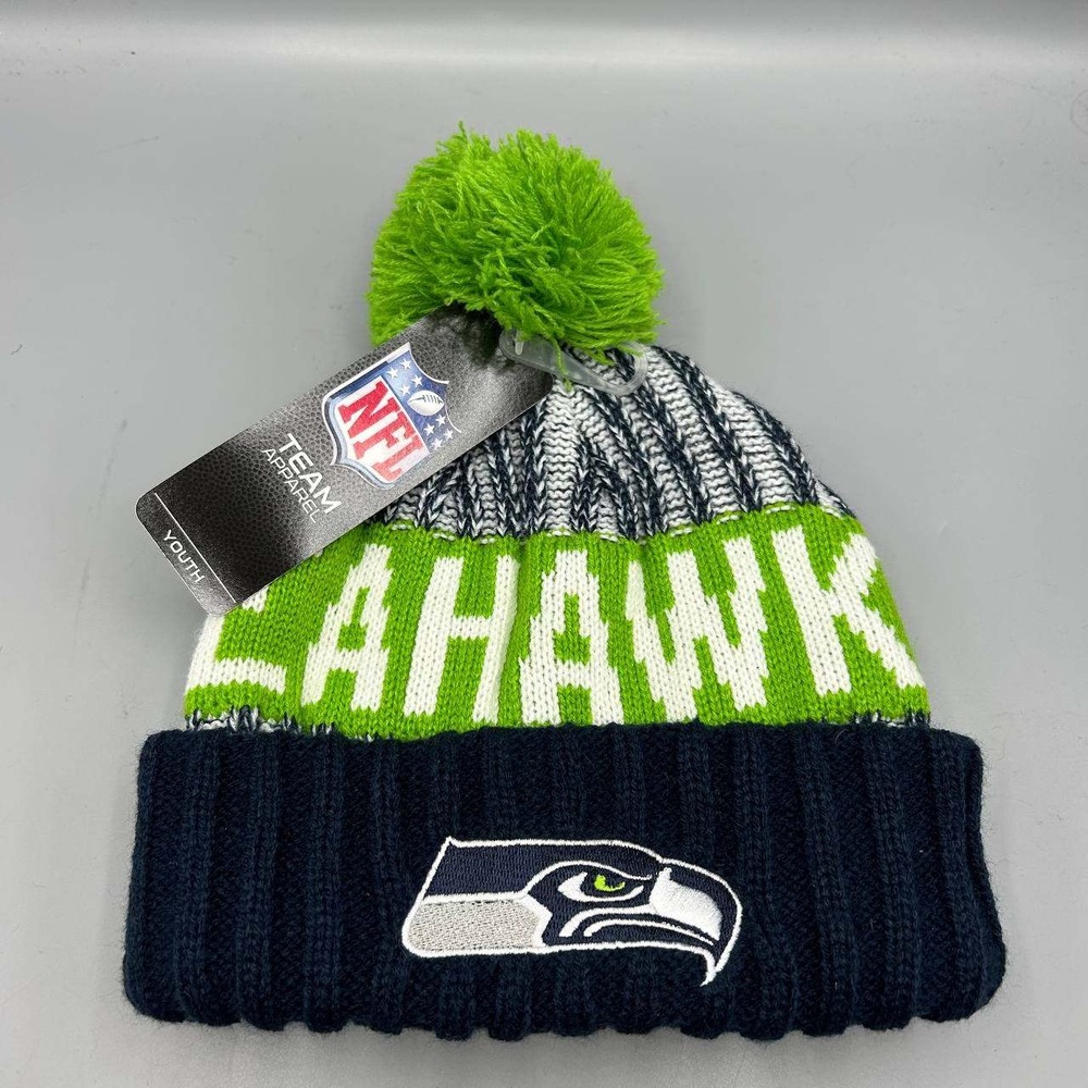Seattle Seahawks NFL Youth Men Green Team Apparel Cuffed Beanie Pom Pom Cap New